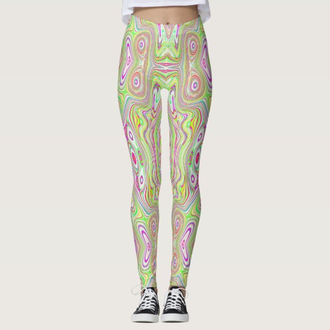 Trippy Retro Rosa and Lime Green Abstrakt Mönster Leggings (Framsida)