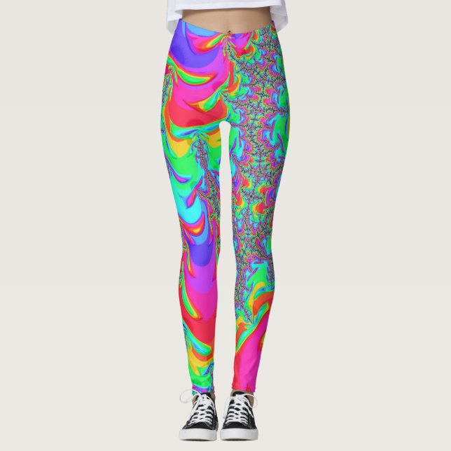 Trippy Retro Vibrant Neon Rainbow Fractal Art Leggings (Framsida)