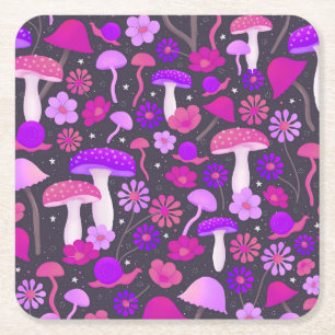 Trippy Seventies Mushroom Rosa, Lila & Black Underlägg Papper Kvadrat