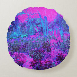 Trippy Shock rosa och Blue Impressionistic Landsca Rund Kudde