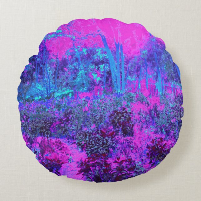 Trippy Shock rosa och Blue Impressionistic Landsca Rund Kudde (Framsidan)