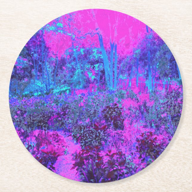 Trippy Shock rosa och Blue Impressionistic Landsca Underlägg Papper Rund (Framsidan)