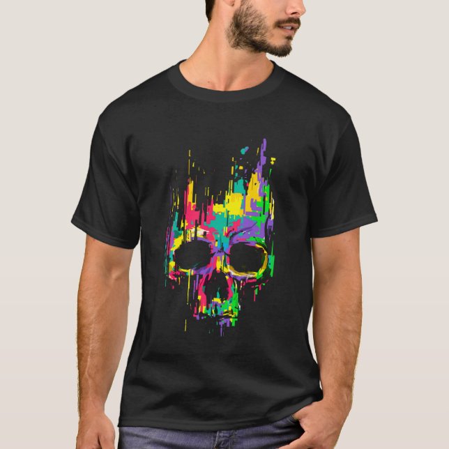Trippy Skull Pixel Effekter EDM Rave Festival Hous T Shirt (Framsida)