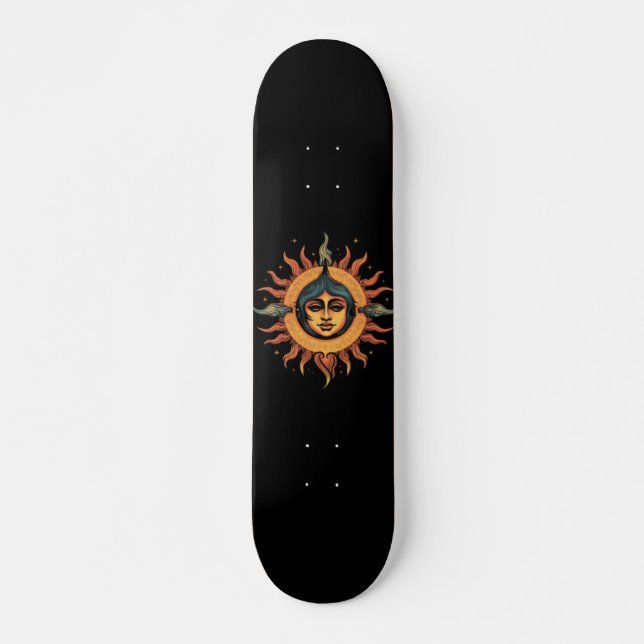 Trippy sol, retro sol, sol med flicka ansikte mini skateboard bräda 18,5 cm (Framsida)