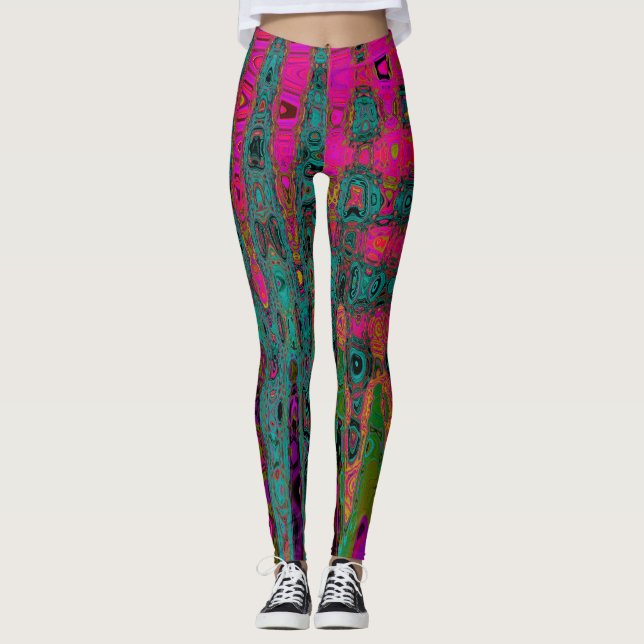 Trippy Turcos Abstrakt Retro Atomic Vågar Leggings (Framsida)
