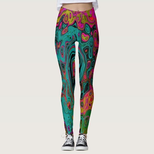 Trippy Turcos Abstrakt Retro Liquid Swirl Leggings (Framsida)