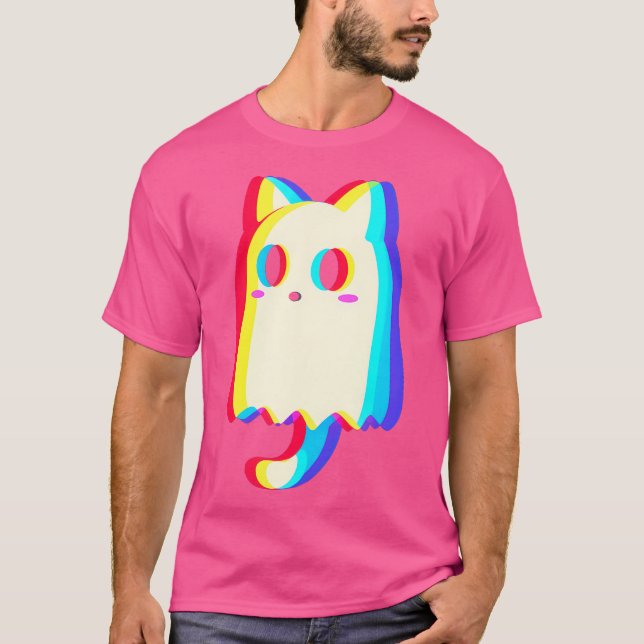 Trippy Vaporwave Ghost Cat Halloween Techno Rave E T Shirt (Framsida)