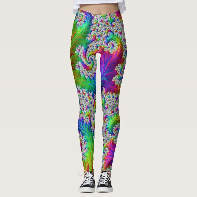 Trippy Vibrant Bold Trippy Rainbow Spiral Fractal Leggings (Framsida)