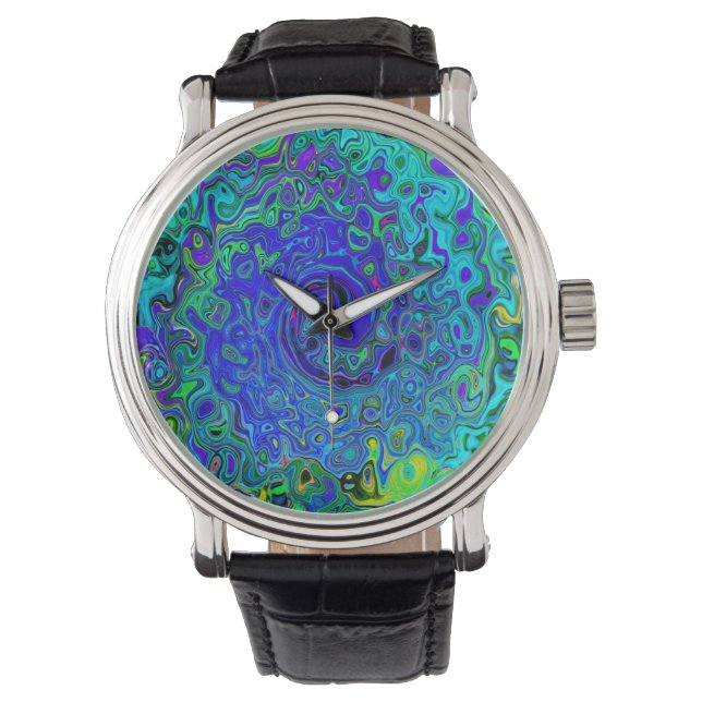Trippy Violet Blue Abstrakt Retro Liquid Swirl Armbandsur (Framsida)