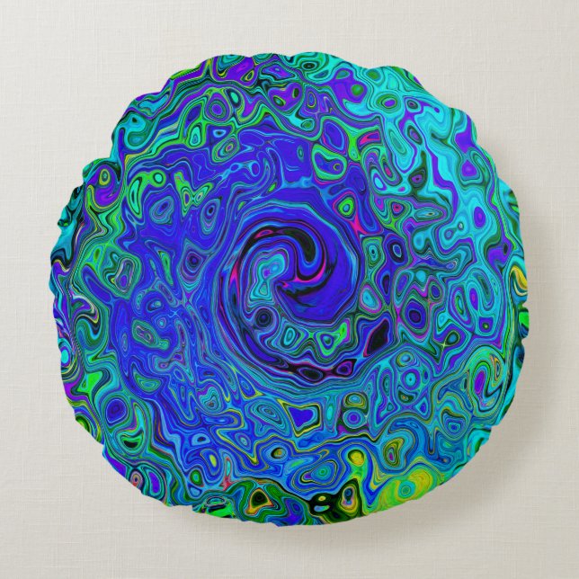 Trippy Violet Blue Abstrakt Retro Liquid Swirl Rund Kudde (Framsidan)