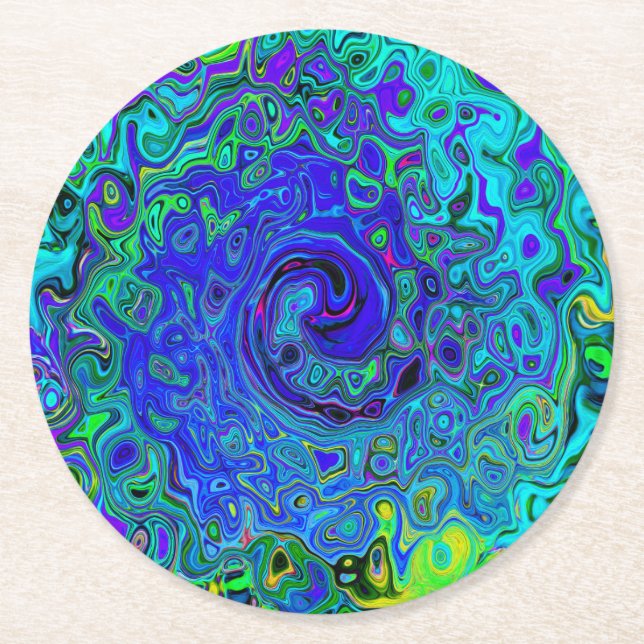 Trippy Violet Blue Abstrakt Retro Liquid Swirl Underlägg Papper Rund (Framsidan)
