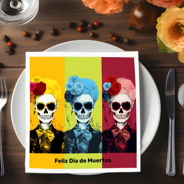 Triptych de Muertos Calavera Catrina Pappersservett (Triptych of Dia de Muertos Calavera Catrina Napkins, customizable text)