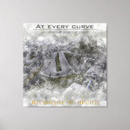 Triptych of a cyclist going up a port with curve canvastryck