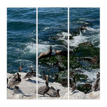 Triptych sälar och fåglar