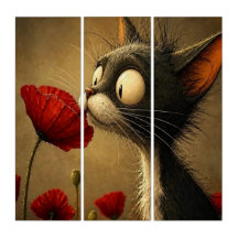 Triptyk Svart & Vit Katt Röd Blomma Blommig