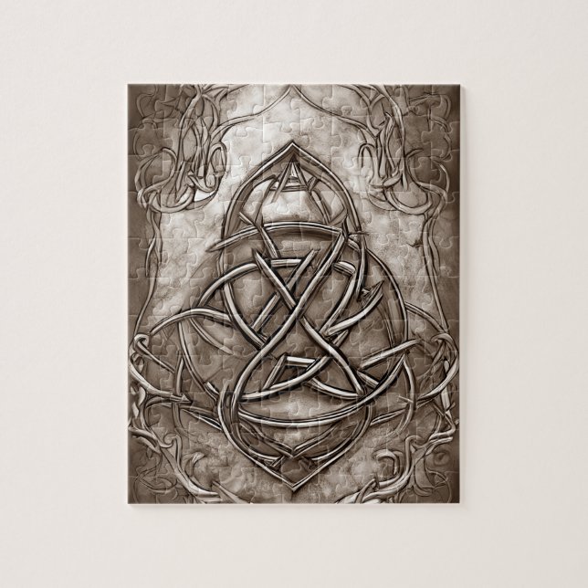 Triquetra Trinity Knot Sepia Faux Metallic Tin Pussel (Vertikal)