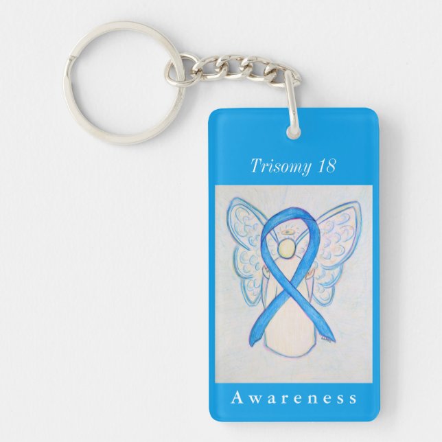 Trisomy 18 Blue Awareness Ribbon Angel Keychain (Framsidan)
