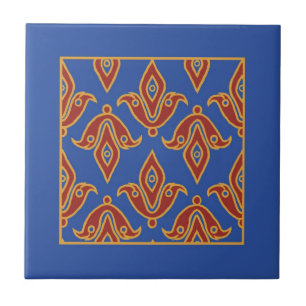 Trivet, Burgundy, Blue, Guld Fleur de Lys Mönster Kakelplatta