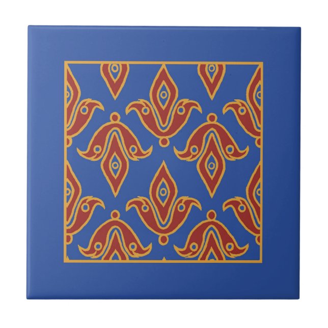 Trivet, Burgundy, Blue, Guld Fleur de Lys Mönster Kakelplatta (Framsidan)