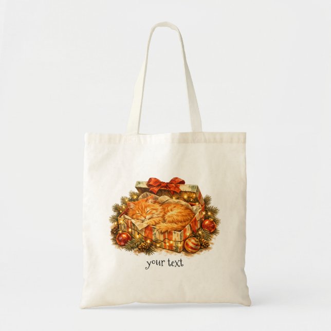 Trivsam jul orange katt sovande presentlåda retro tygkasse (Framsidan)