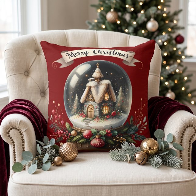 Trivsam jul snöglob stugscen kudde (Cozy Christmas Snow Globe Cottage Scene Throw Pillow)