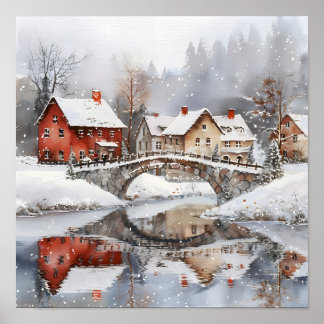 Trivsam julbybro Vattenfärg jul Poster