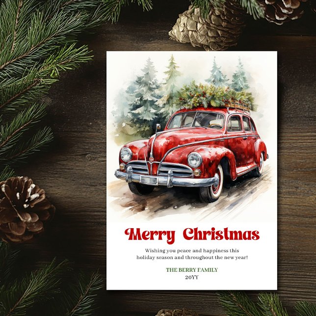 Trivsam julig röd bil vattendragsscen i rustik sti julkort (Cozy rustic Christmas red car watercolor scene Holiday Card )