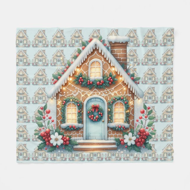 Trivsam julillustration med pepparkakshus fleecefilt (Framsidan (Horisontell))