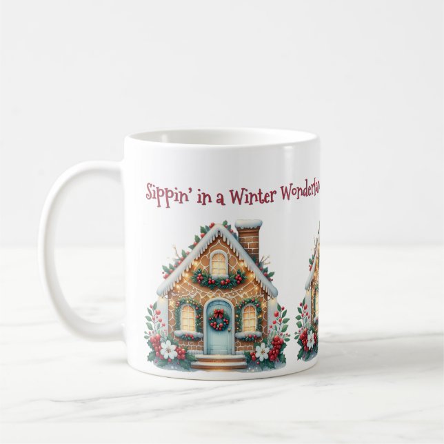 Trivsam Pepparkakshus Julillustration Kaffemugg (Vänster)