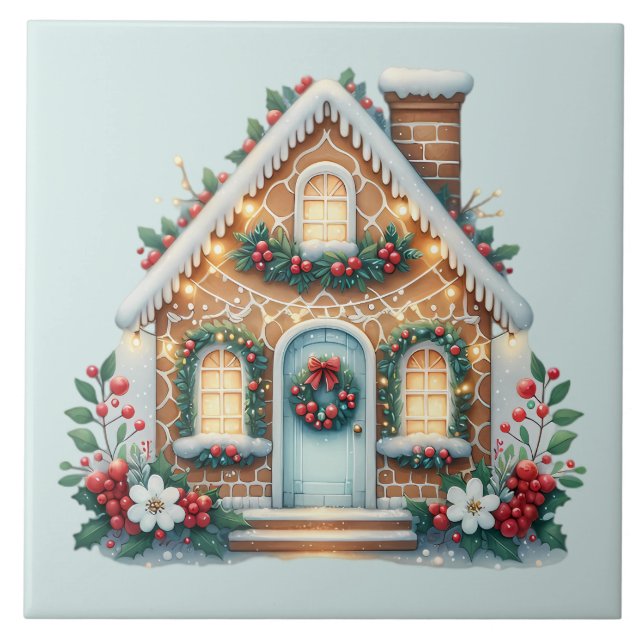 Trivsam Pepparkakshus Julillustration Kakelplatta (Framsidan)