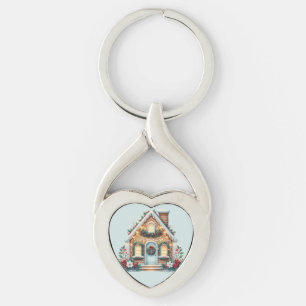 Trivsam Pepparkakshus Julillustration Twisted Heart Silverfärgad Nyckelring