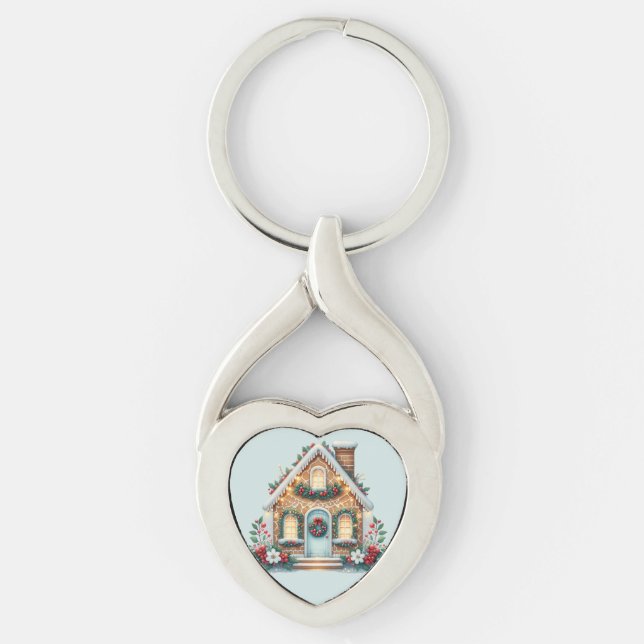 Trivsam Pepparkakshus Julillustration Twisted Heart Silverfärgad Nyckelring (Framsidan)