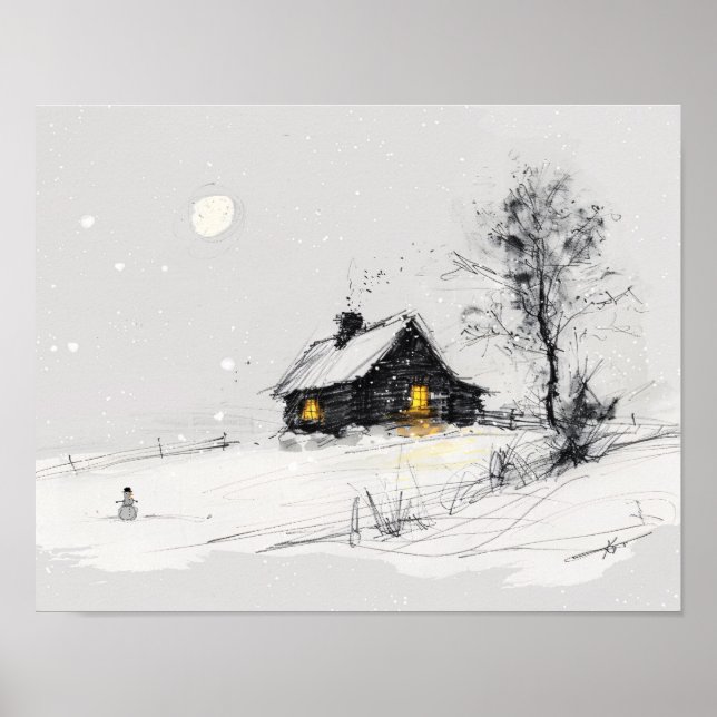 Trivsam vintersceneri med snöman och stuga poster (Framsidan)