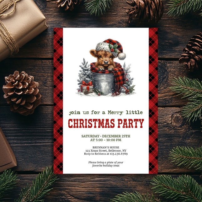 Trivsamt julkort för gård med högländsk ko inbjudningar (Cozy farmhouse highland cow Christmas invitation)