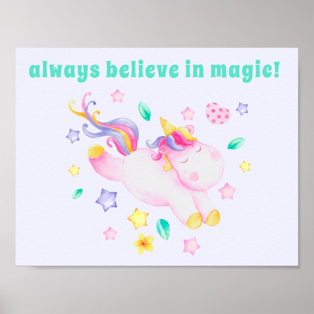 Tro alltid på magi! Cute Kids Unicorn Poster (Framsidan)