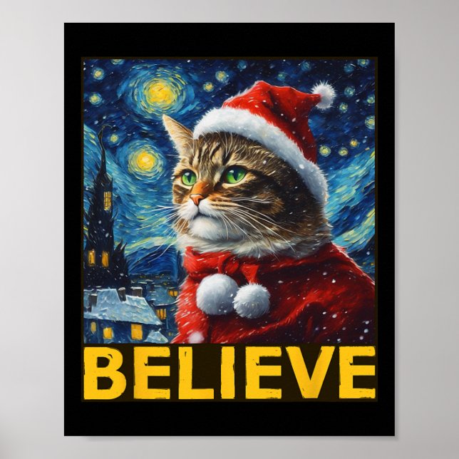 Tro att julshirt Starry Night Van Gogh Cat Poster (Framsidan)