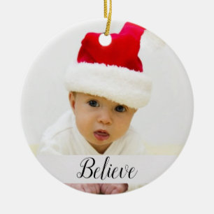 Tro Baby julfoto med Namn och år Julgransprydnad Keramik