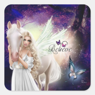Tro Fantasy Fairy Angel med White Horse Fyrkantigt Klistermärke