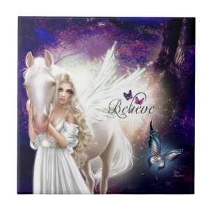 Tro Fantasy Fairy Angel med White Horse Kakelplatta