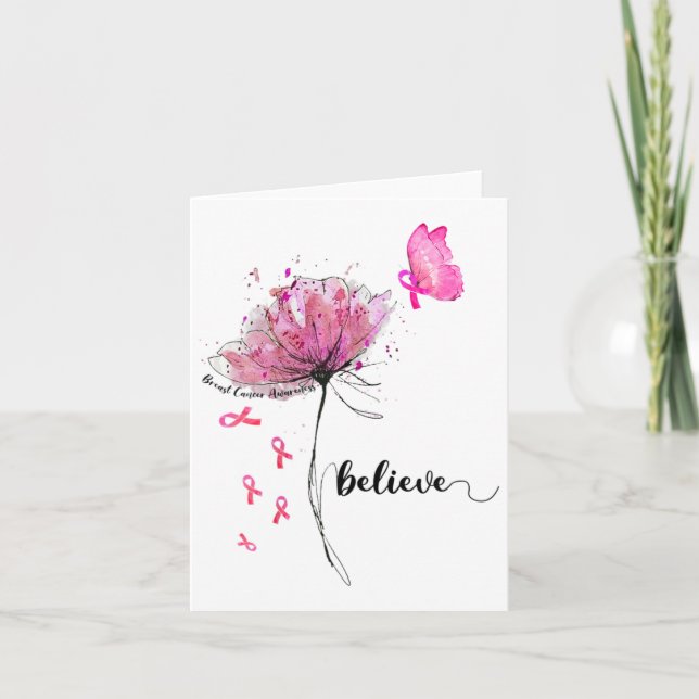 Tro Flower Butterfly Rosa Ribbon Breast Cancer Kort (Framsida)
