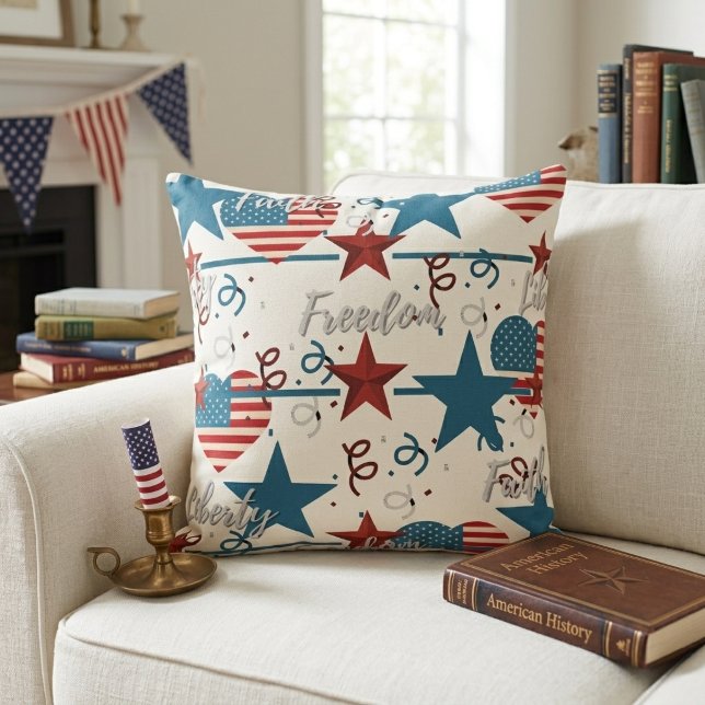Tro, frihet och frihet Retro patriotisk Kudde (Faith, Freedom and Liberty Retro Patriotic Throw Pillow)