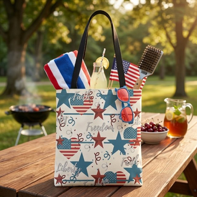 Tro, frihet och frihet Retro patriotisk Tygkasse (Faith, Freedom and Liberty Retro Patriotic Tote Bag)