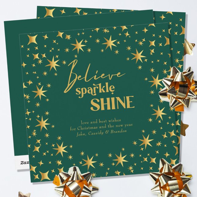 Tro Gnistra Shine Elegant Grönt och Guld Stars Julkort (Skapare uppladdad)