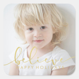 Tro HELGDAG FAUX GULD Hand Brev-skriptFOTO Fyrkantigt Klistermärke