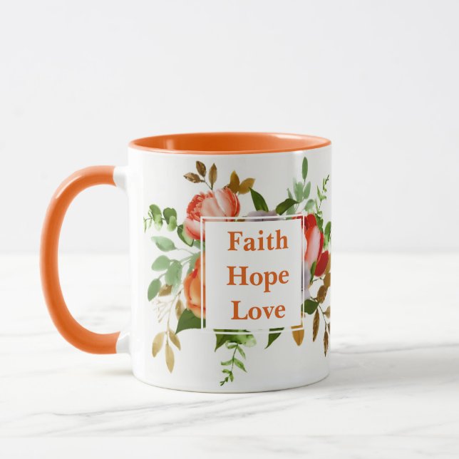 Tro Hopp Kärlek orange akvarell blommor Monogram Mugg (Vänster)