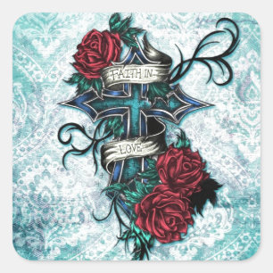 Tro i Kärlek kor och ro i tatuering stil. Fyrkantigt Klistermärke
