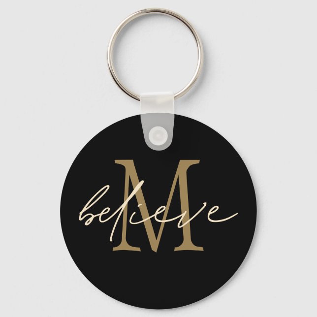 Tro inspirationerande Guld Black Monogram Initial Nyckelring (Framsida)