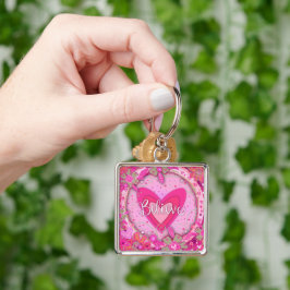 Tro inspirerande Söt av Blommigt Rosa Fyrkantig Silverfärgad Nyckelring