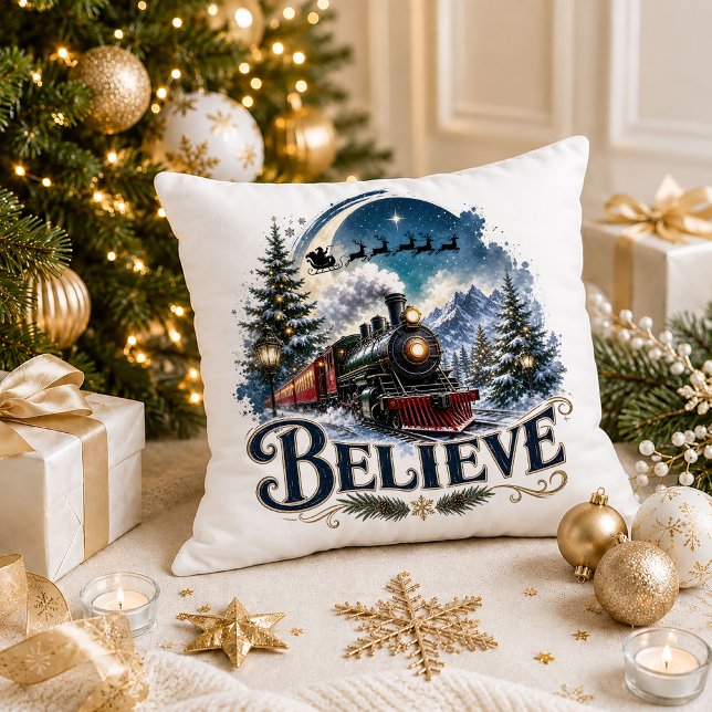 Tro jul Tåget Polar Express Kastkudde Kudde (Believe Christmas Train Polar Express Throw Pillow)
