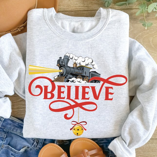 TRO Julexpressmatchningsfamiljen Tåg Lång Ärmad Tröja (Believe Christmas Express Train + Jingle Bell, cute Christmas sweater, red, gold, swirl, north pole )